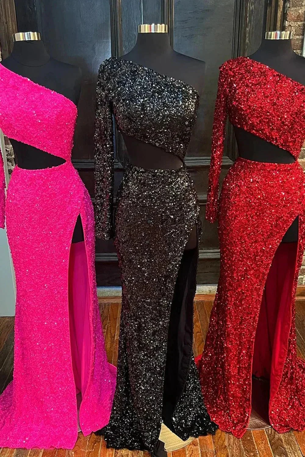 Sheath One Shoulder Red Sequins Long Prom Dress with Silt - Image 6
