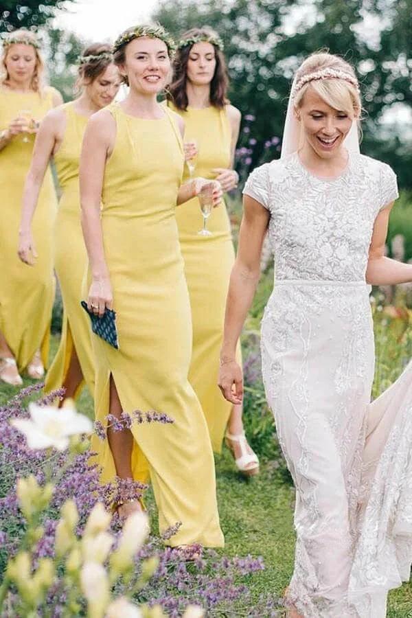 Sheath Open Back Floor-Length Yellow Bridesmaid Dress with Split BD140 - Image 2