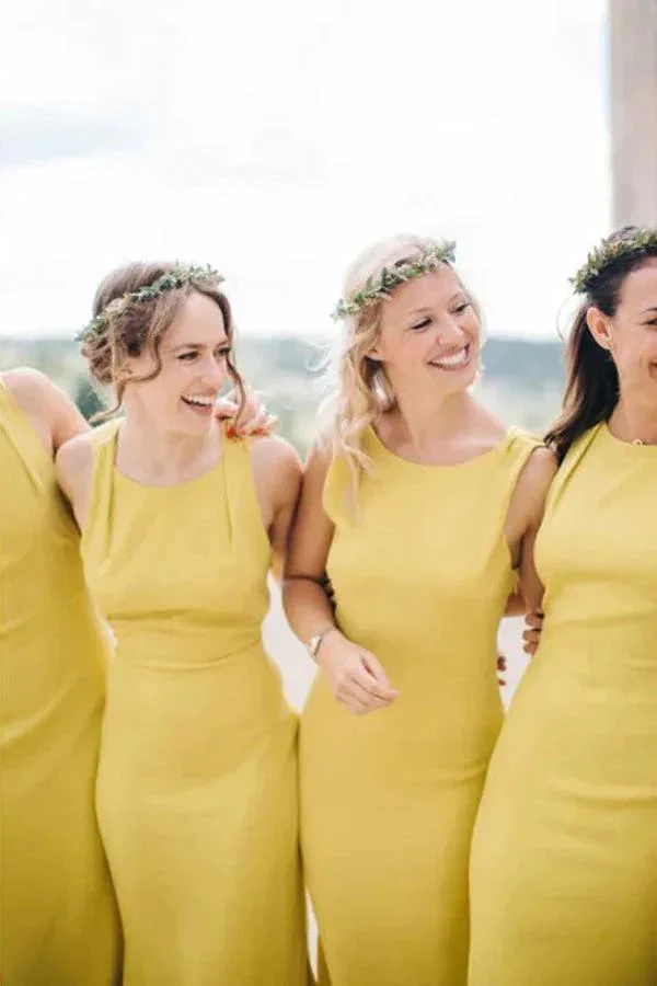 Sheath Open Back Floor-Length Yellow Bridesmaid Dress with Split BD140 - Image 3