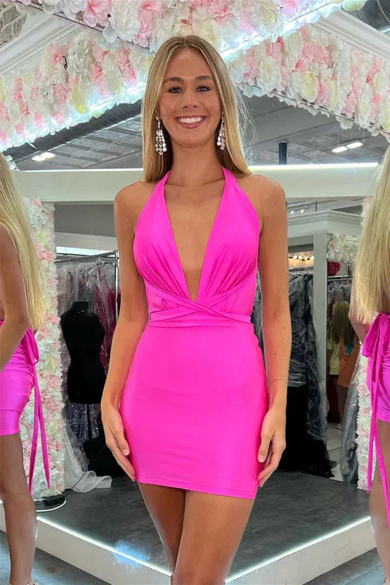 Sheath Plunging V Halter Satin Homecoming Dress Y2867 - Image 2