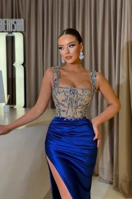 Sheath Royal Blue Straps Split Front Square Sleeveless Jewelry Ruffles Floor-Length Stain Prom Dresses with Beadings - Image 2