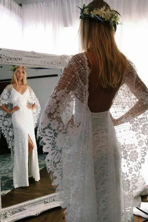 Sheath Scoop Backless Lace Wedding Dress with Split Wraps WD247 - Image 5