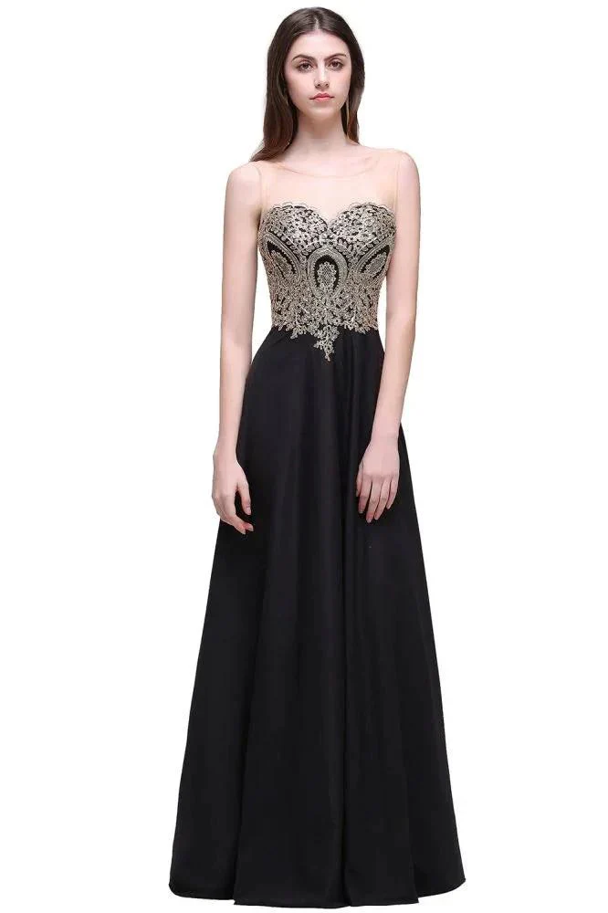 Sheath Scoop Floor-Length Applique Sleeveless Long Black Prom Dresses - Image 2