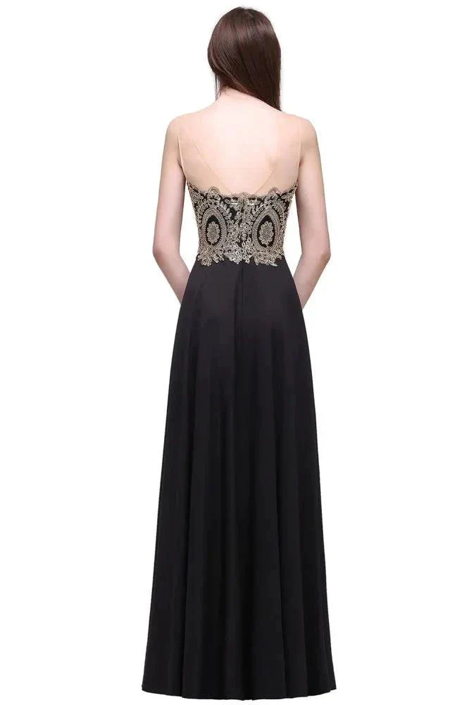 Sheath Scoop Floor-Length Applique Sleeveless Long Black Prom Dresses - Image 3