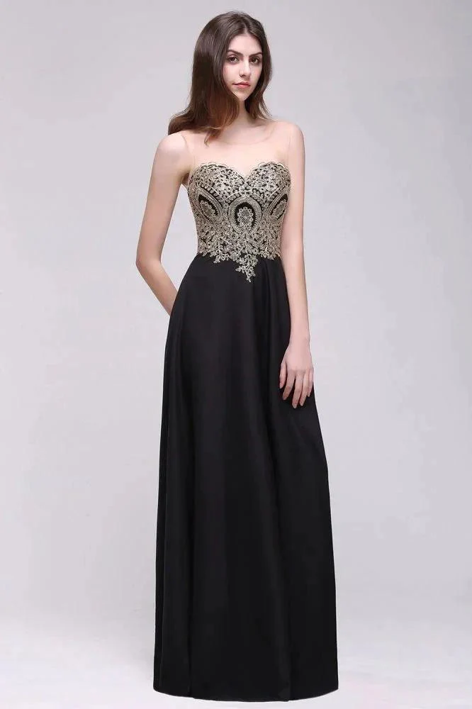 Sheath Scoop Floor-Length Applique Sleeveless Long Black Prom Dresses - Image 5