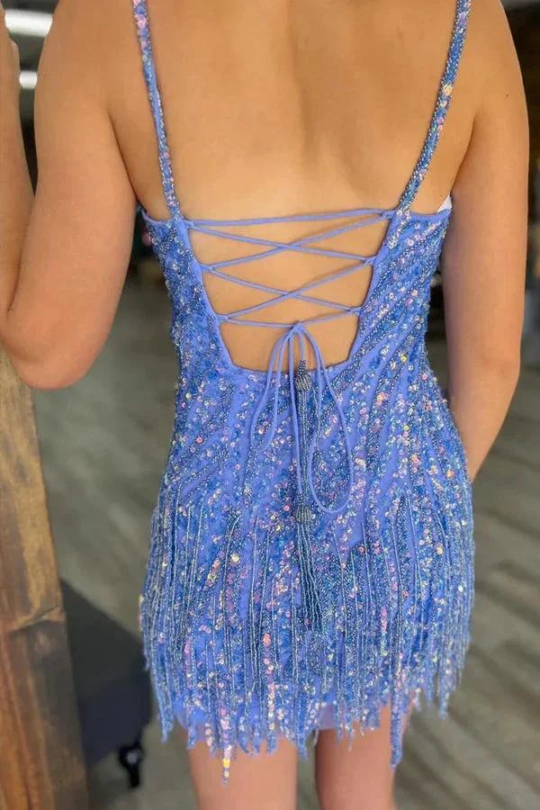 Sheath Spaghetti Straps Gold Homecoming Dress with Tassel PD569 - Image 4