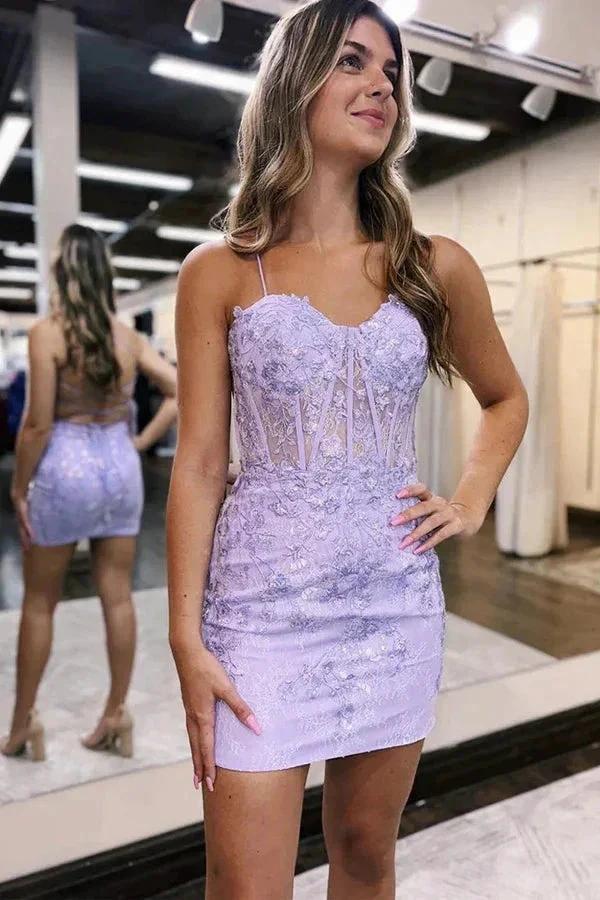 Sheath Spaghetti Straps Lace Appliques Tight Homecoming Dresses PD500 - Image 2