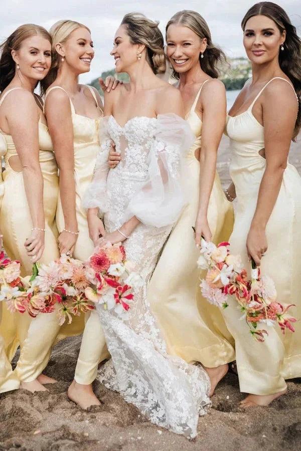 Sheath Spaghetti Straps Long Yellow Bridesmaid Dress BD132 - Image 2