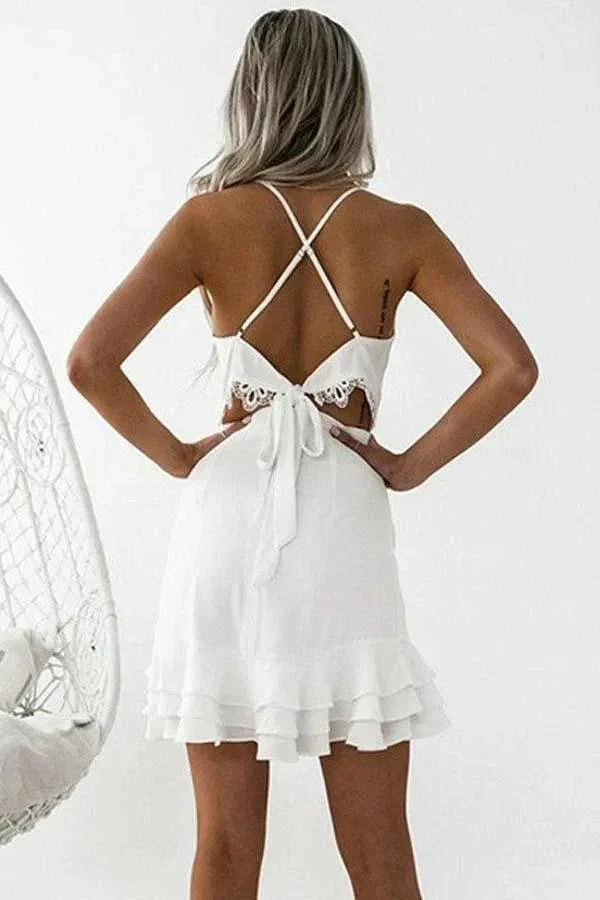 Sheath Spaghetti Straps Pleated White Satin Homecoming Dress  PD003 - Image 2