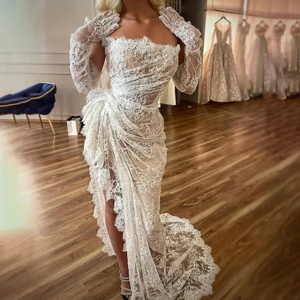 Sheath Strapless Bridal Gown Lace Mermaid Ruched Lace High Low Thigh Split Custom Made Wedding Dress Y4435 - Image 2
