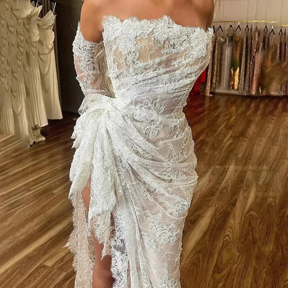 Sheath Strapless Bridal Gown Lace Mermaid Ruched Lace High Low Thigh Split Custom Made Wedding Dress Y4435 - Image 4