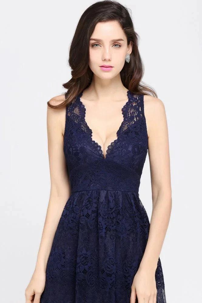 Sheath V-neck Floor-length Lace Navy Blue Prom Dress - Image 10