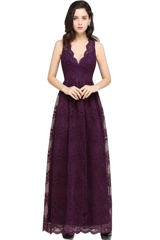 Sheath V-neck Floor-length Lace Navy Blue Prom Dress - Image 3
