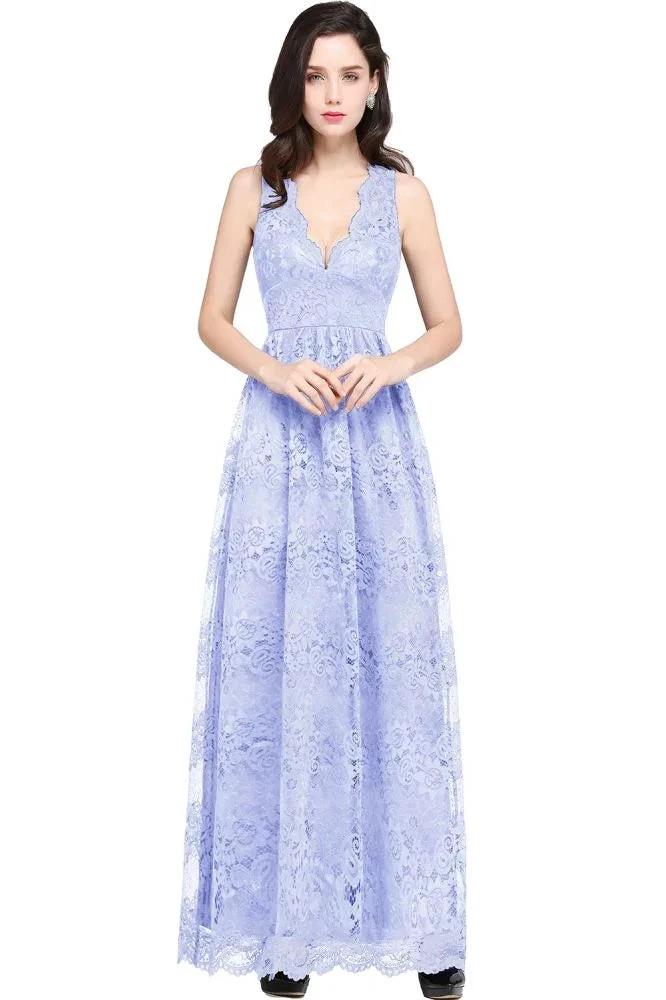 Sheath V-neck Floor-length Lace Navy Blue Prom Dress - Image 4
