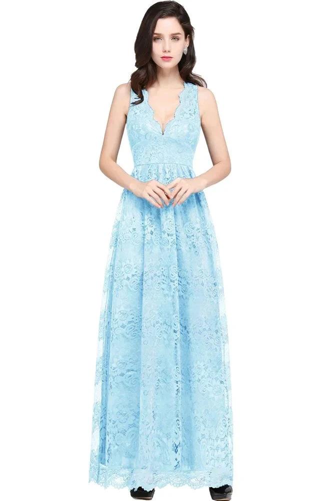 Sheath V-neck Floor-length Lace Navy Blue Prom Dress - Image 5