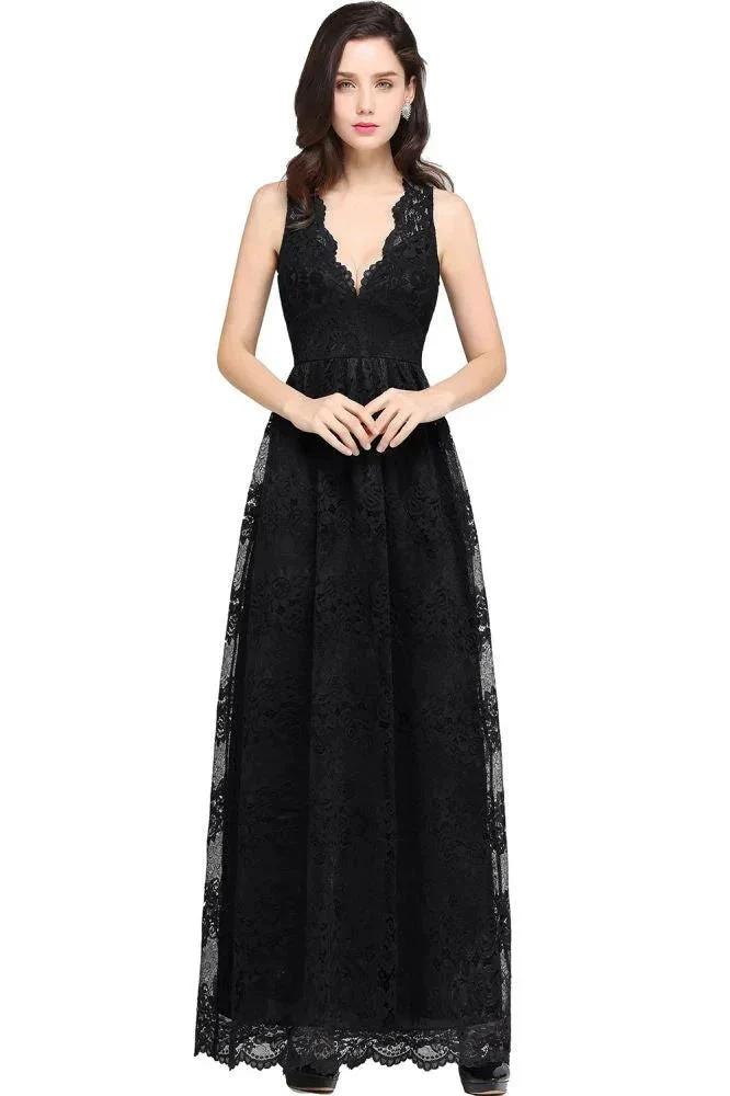 Sheath V-neck Floor-length Lace Navy Blue Prom Dress - Image 6