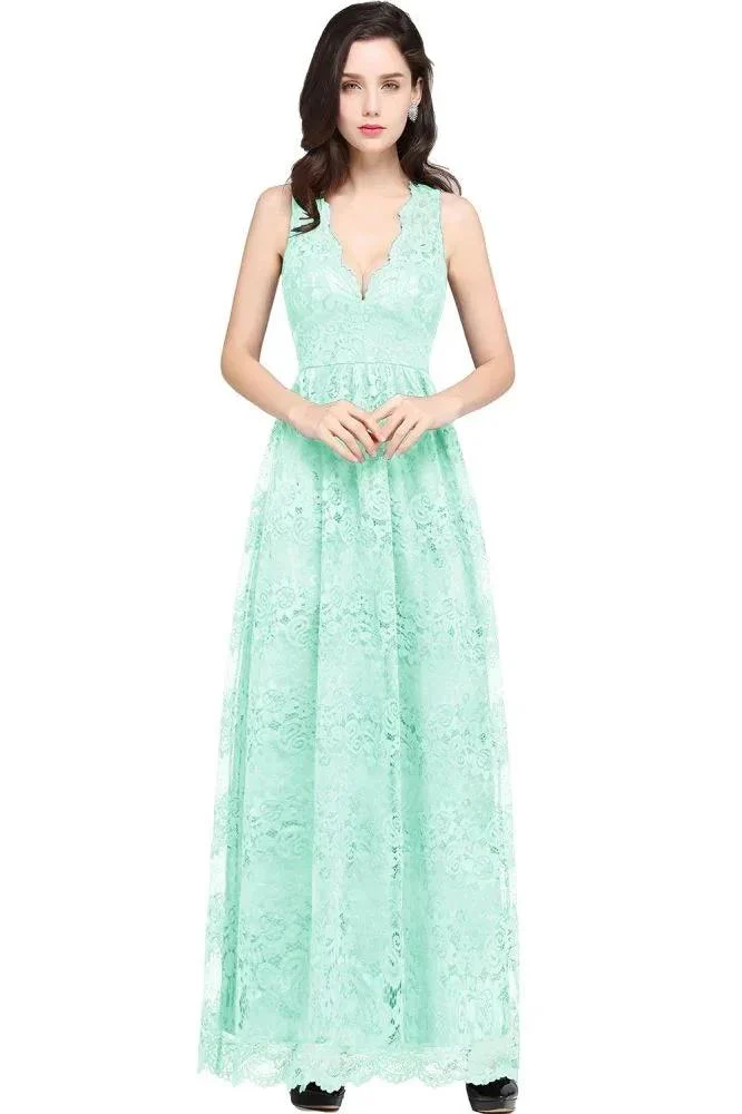 Sheath V-neck Floor-length Lace Navy Blue Prom Dress - Image 7