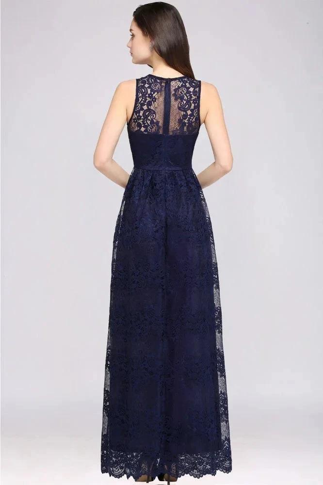 Sheath V-neck Floor-length Lace Navy Blue Prom Dress - Image 8