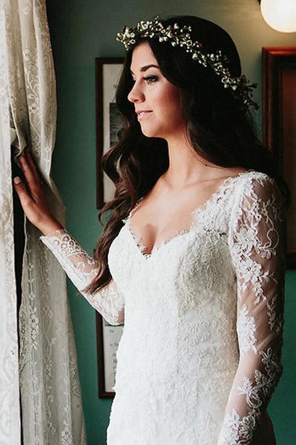 Sheath V-Neck Long Sleeves Backless Tulle Wedding Dress with Appliques WD529 - Image 2