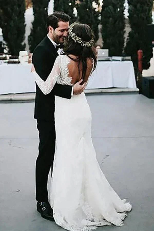 Sheath V-Neck Long Sleeves Backless Tulle Wedding Dress with Appliques WD529 - Image 4