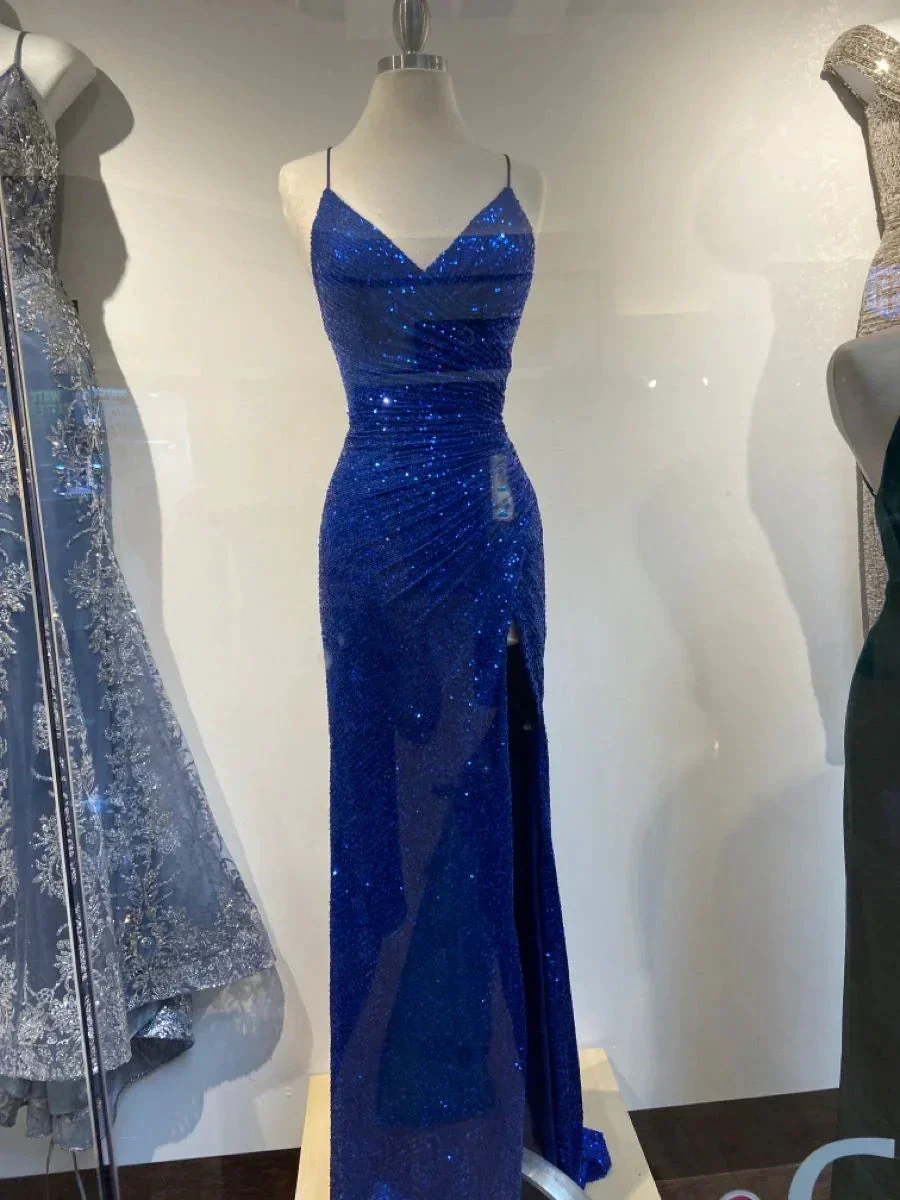 Sheath V Neck Royal Blue Sequins Evening Dress Y4476 - Image 2
