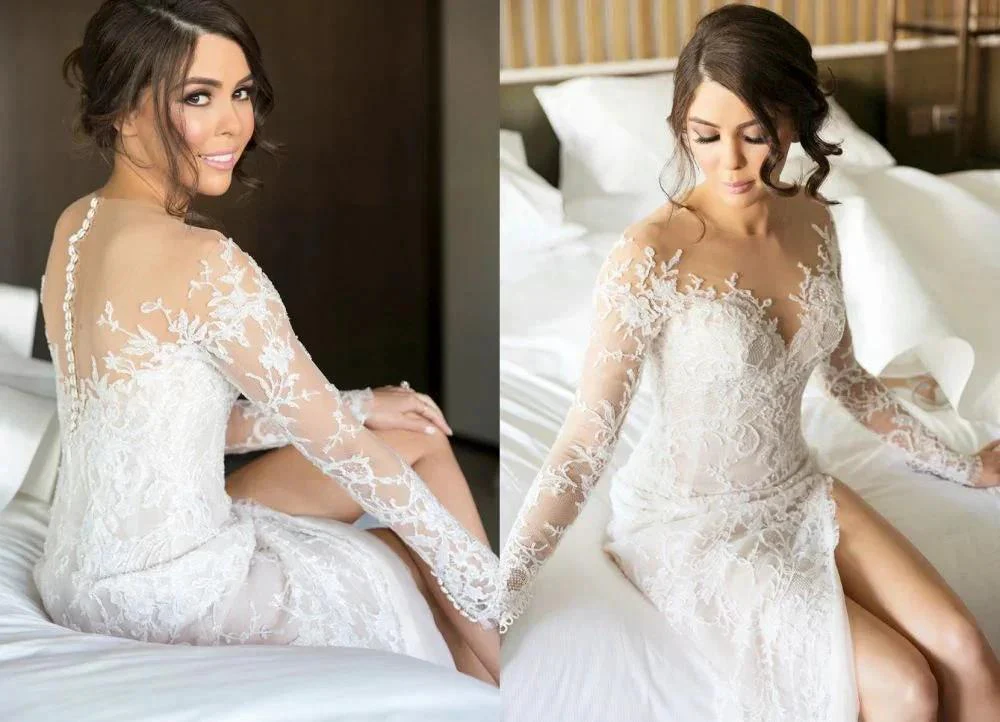 New Full Lace Split Wedding Dress Illusion Back Bridal Wears with Detachable Skirt - Image 2