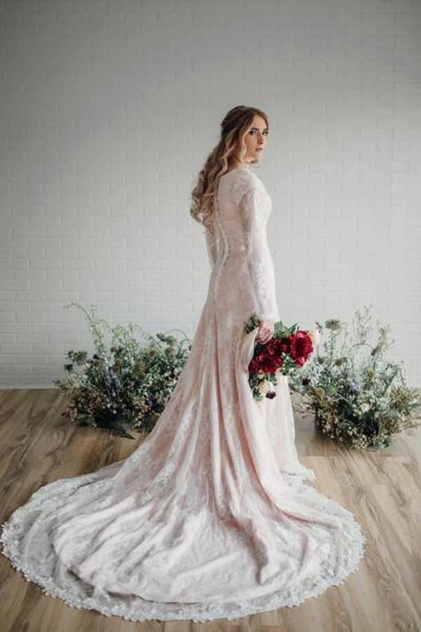 Sheer Long Sleeves Lace Modest Bride Dress Wedding Gown WD530 - Image 2