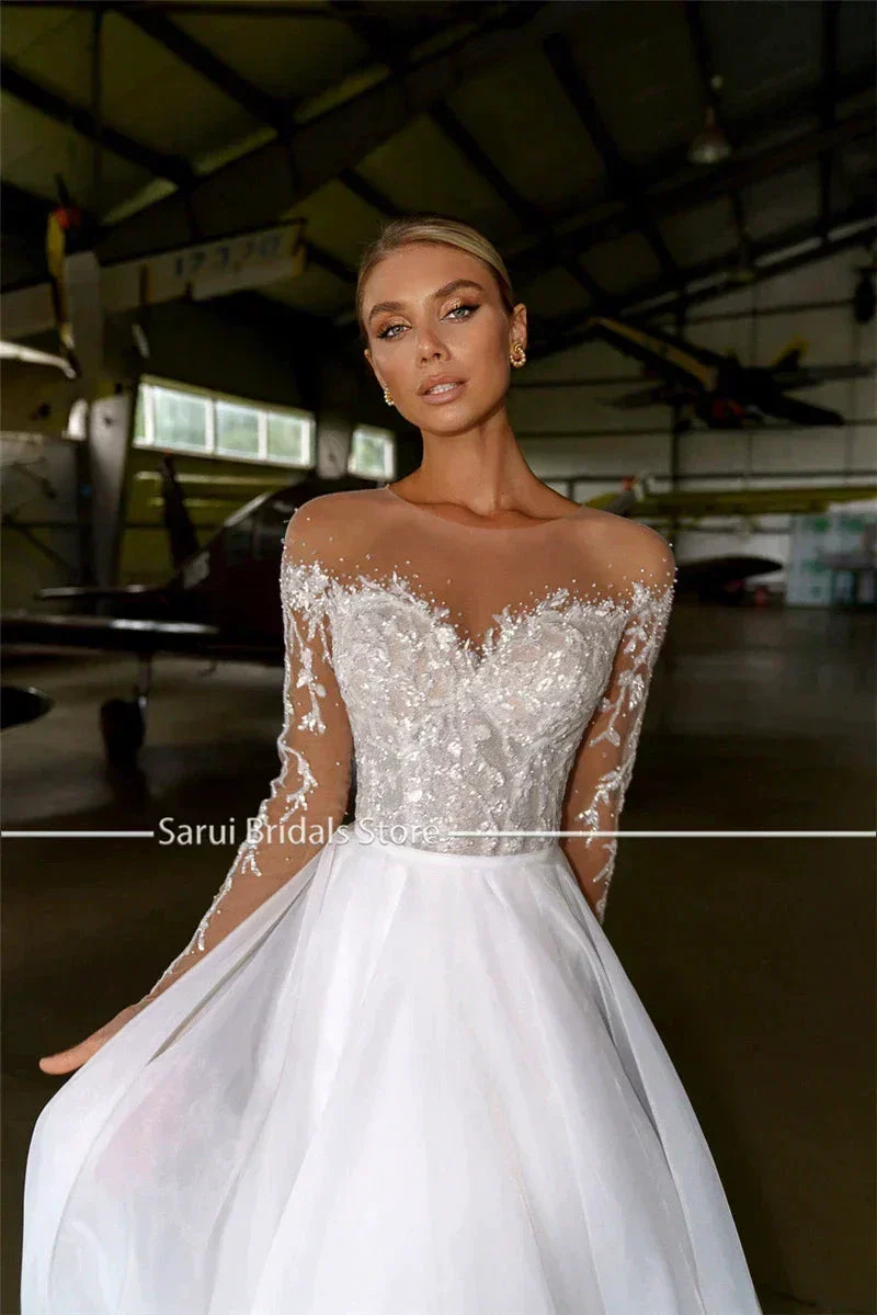 Sheer Neck with Heavy Crystals Long Sleeves White Wedding Dress Organza and Tulle A-line Bling Bridal Dress - Image 2