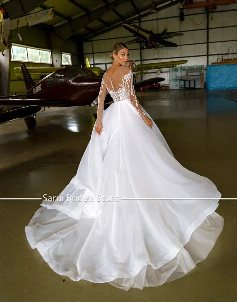 Sheer Neck with Heavy Crystals Long Sleeves White Wedding Dress Organza and Tulle A-line Bling Bridal Dress - Image 3