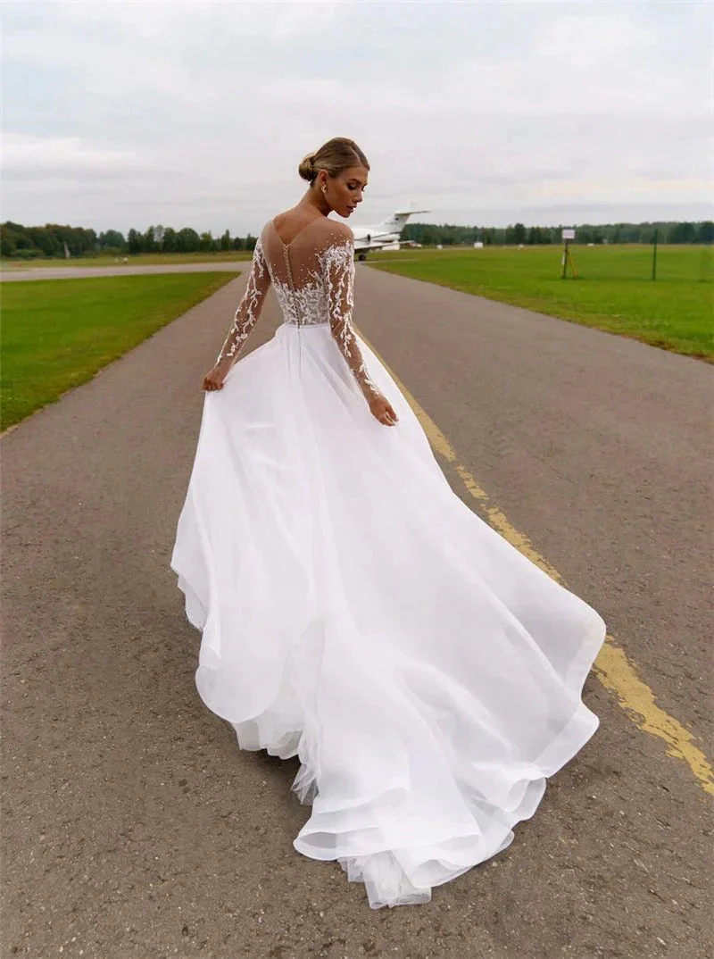 Sheer Neck with Heavy Crystals Long Sleeves White Wedding Dress Organza and Tulle A-line Bling Bridal Dress - Image 4