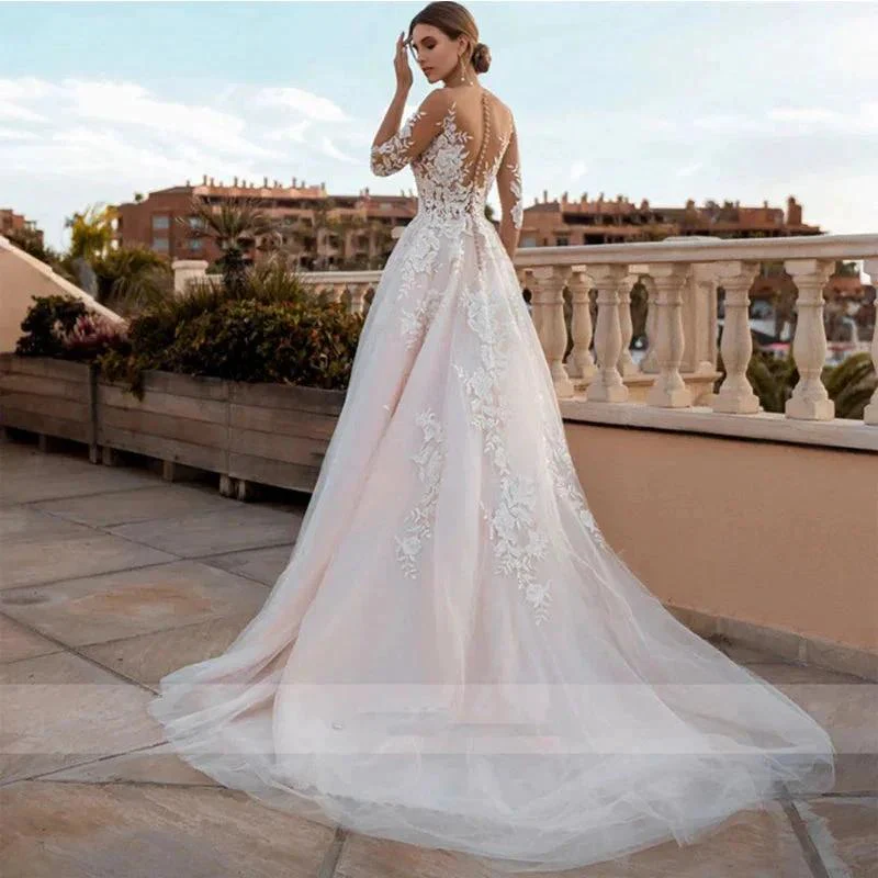 Sheer Sleeves Illusion Lace Wedding Dresses Applique Beach Bridal Gown Sexy Robe De Mariee Bride Dress For Women Bohemian 2022 - Image 2