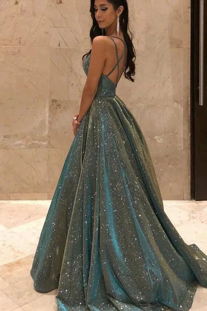 Shimmering Long A-line Spaghetti Straps Sleeveless V-Neck Sequins Prom Dress - Image 2