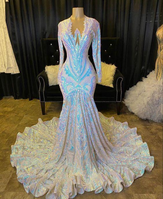 Shimmers Long Sleeve Mermaid V-neck Sequins Appliques Prom Dresses - Image 2
