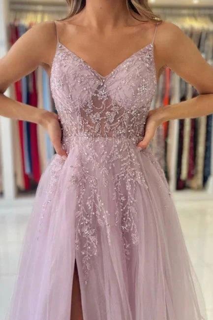 Shimmers Pink Spaghettistraps Sleeveless Column Tulle Floor-Length Prom Dresses with Beadings - Image 2