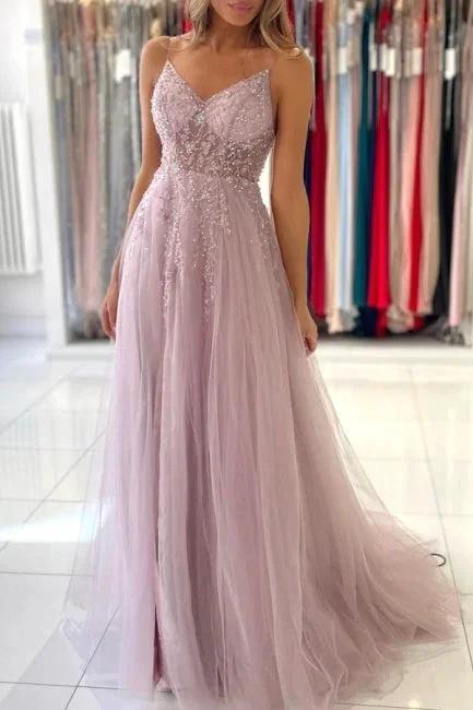 Shimmers Pink Spaghettistraps Sleeveless Column Tulle Floor-Length Prom Dresses with Beadings - Image 4