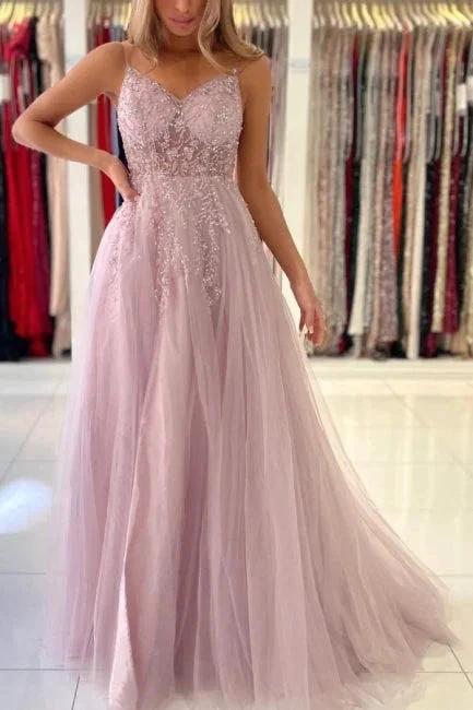 Shimmers Pink Spaghettistraps Sleeveless Column Tulle Floor-Length Prom Dresses with Beadings - Image 5