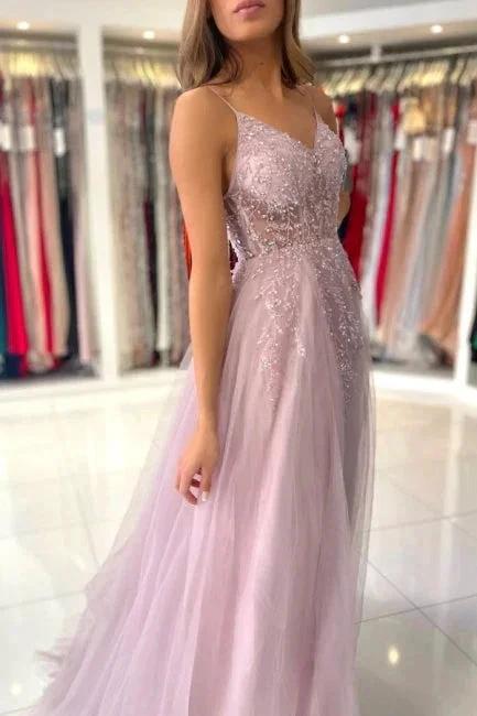Shimmers Pink Spaghettistraps Sleeveless Column Tulle Floor-Length Prom Dresses with Beadings - Image 7