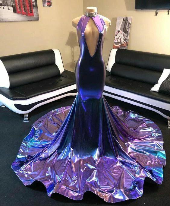 Shimmers Purple High-neck V-neck Sleeveless Column Mermaid Wedding Dresses - Image 2