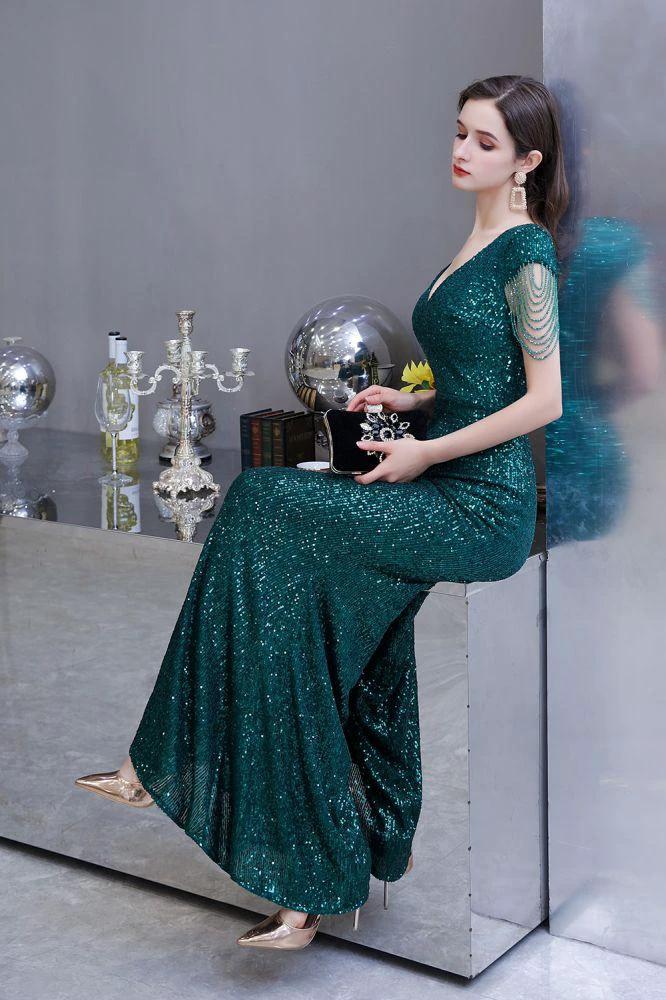 Shining Sequins Emerald Green Mermaid Evening Party Gown with  Tassels Sleeves - Image 10