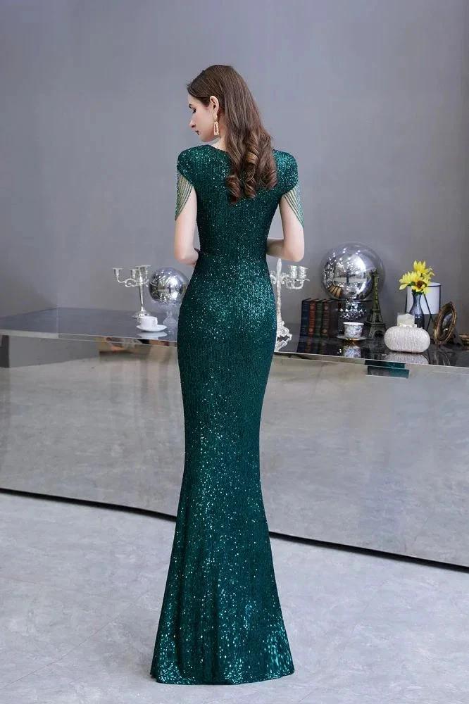 Shining Sequins Emerald Green Mermaid Evening Party Gown with  Tassels Sleeves - Image 2