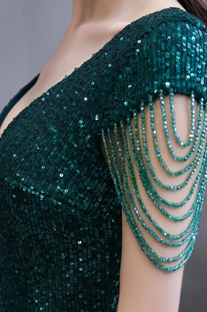 Shining Sequins Emerald Green Mermaid Evening Party Gown with  Tassels Sleeves - Image 5