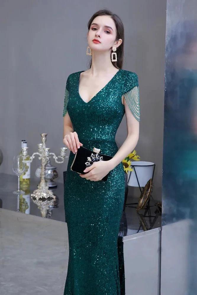 Shining Sequins Emerald Green Mermaid Evening Party Gown with  Tassels Sleeves - Image 6