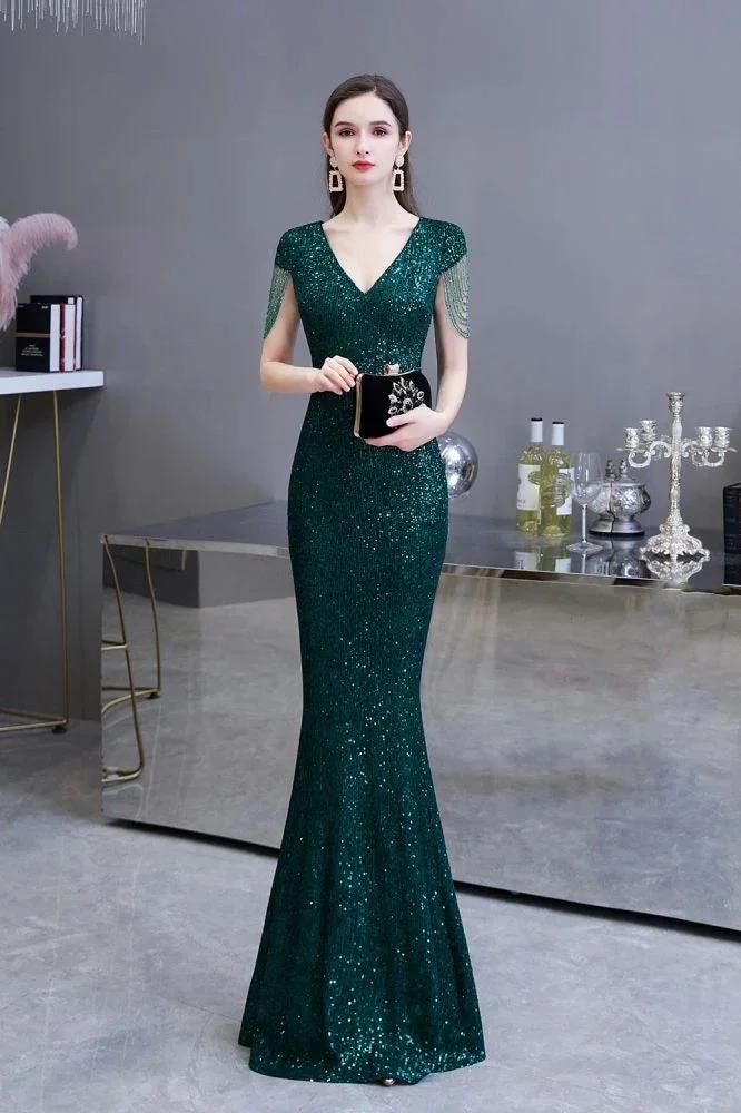 Shining Sequins Emerald Green Mermaid Evening Party Gown with  Tassels Sleeves - Image 7