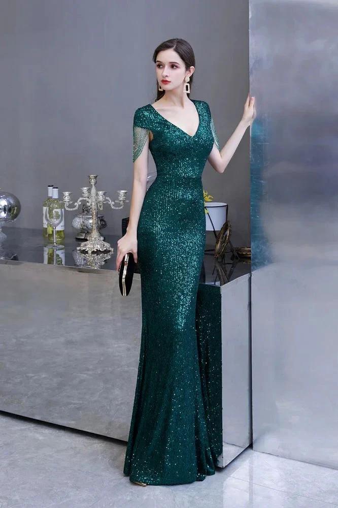 Shining Sequins Emerald Green Mermaid Evening Party Gown with  Tassels Sleeves - Image 8