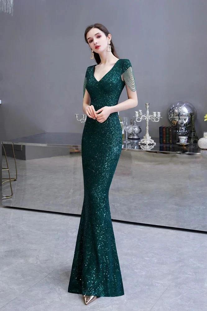 Shining Sequins Emerald Green Mermaid Evening Party Gown with  Tassels Sleeves - Image 9