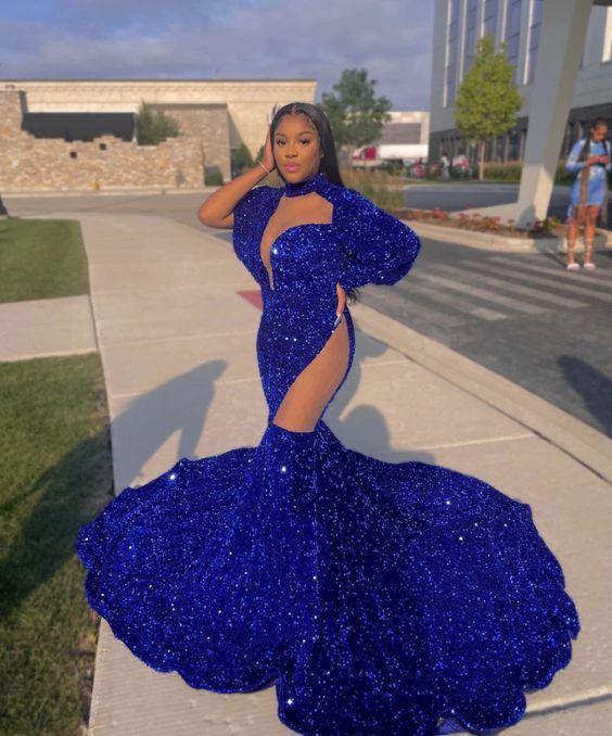 Shinning Royal Blue High-neck Long Sleeve Lace Floor-length Mermaid Prom Dresses - Image 2