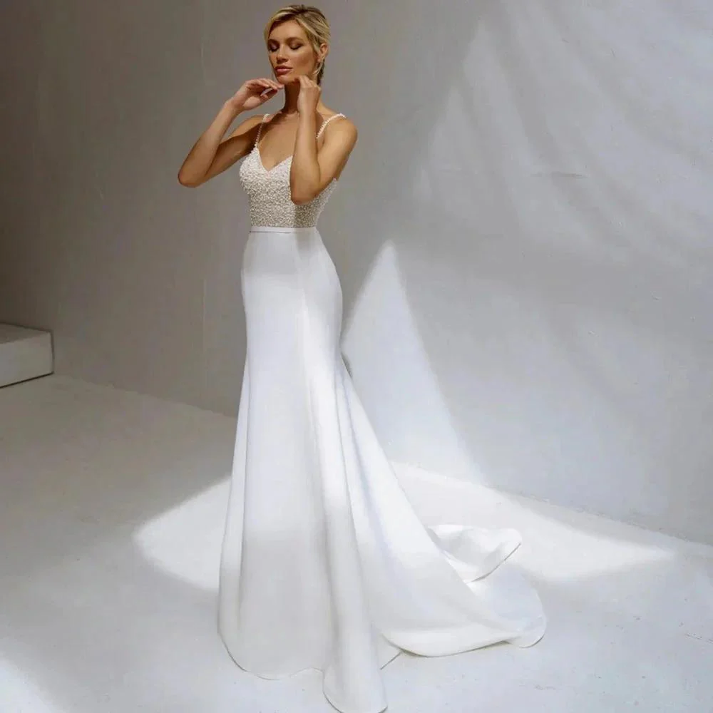 Shinning Sheath Pearl Wedding Dresses Spaghetti Strap Satiin Beads V-Neck For Women Robe De Mariée Formal Brides Gown - Image 2