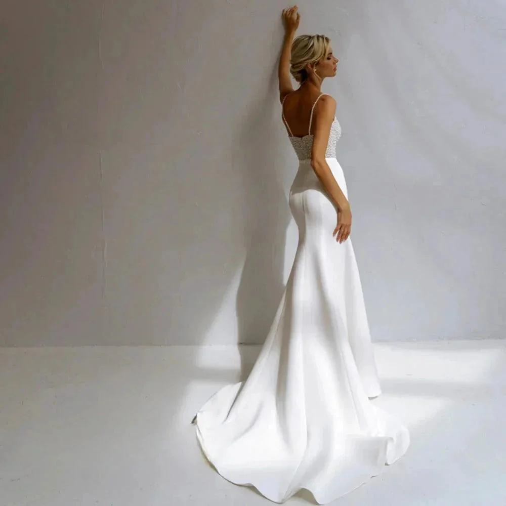 Shinning Sheath Pearl Wedding Dresses Spaghetti Strap Satiin Beads V-Neck For Women Robe De Mariée Formal Brides Gown - Image 3