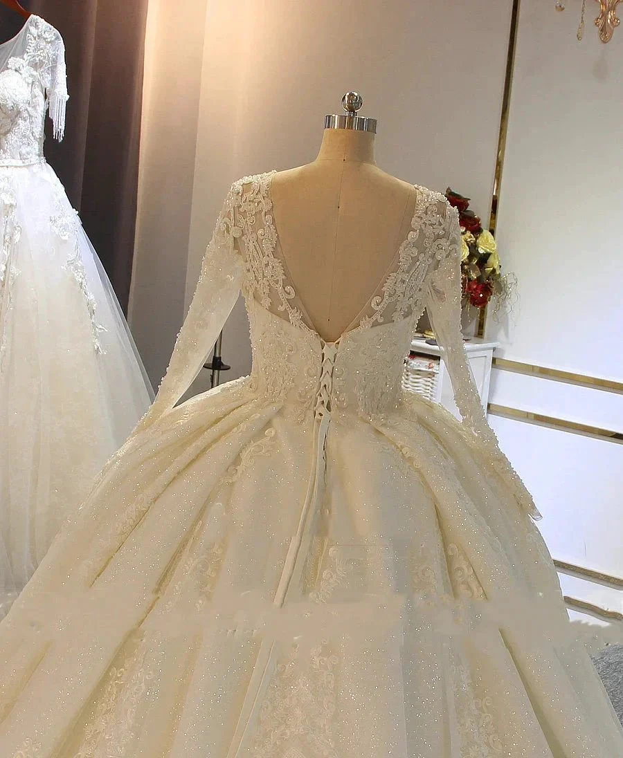 Shinny Long A-line Full Beading Lace-Up Wedding Dresses with Sleeves - Image 2