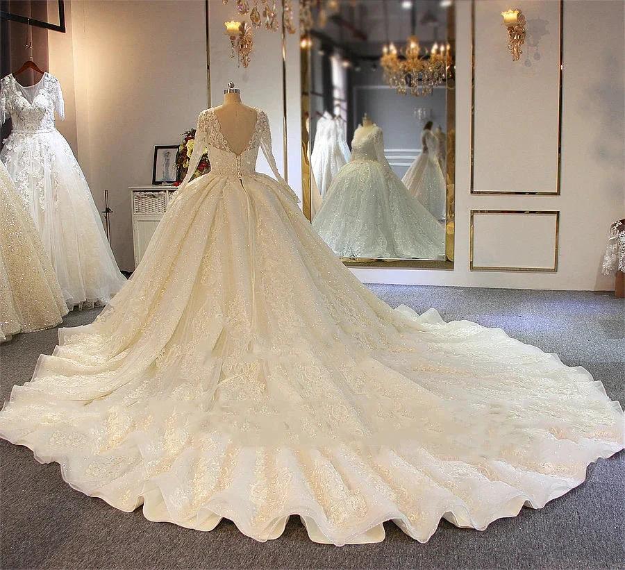Shinny Long A-line Full Beading Lace-Up Wedding Dresses with Sleeves - Image 3